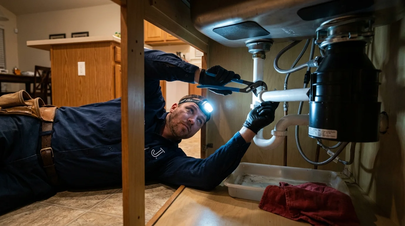 P-trap and supply line connections under a kitchen sink showing a common leak point in Great Falls, MT